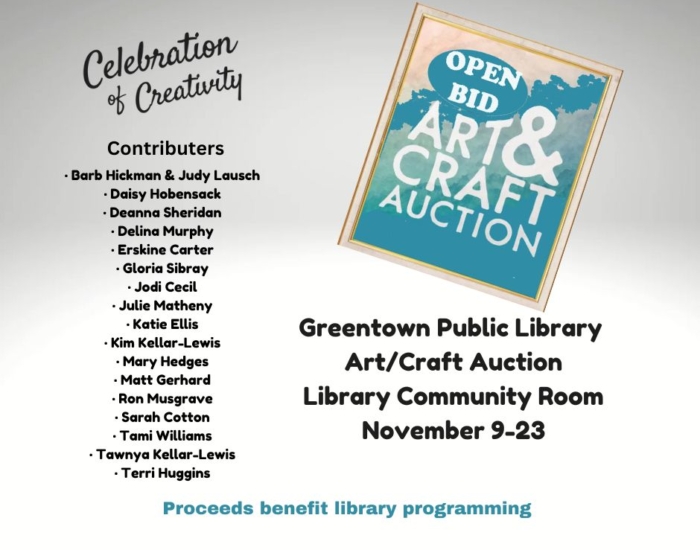 We are excited to announce that the Greentown Public Library will be hosting an ArtCraft Auction from November 9 to November 23. This event aims to celebrate creativity and support our library’s p(1)